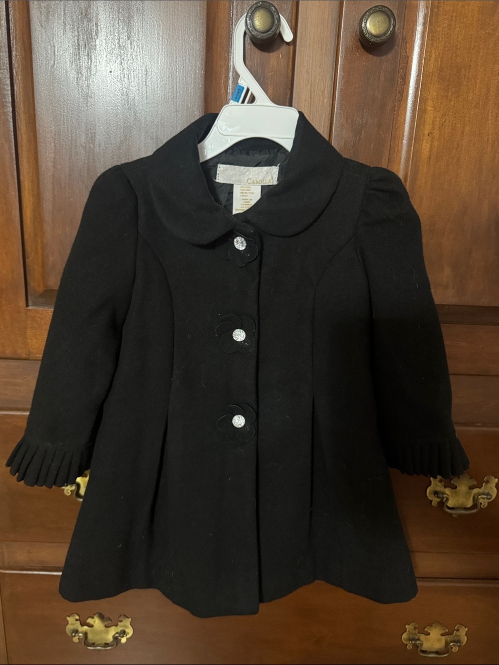 Black Girls' Pea Coat with Decorative Buttons